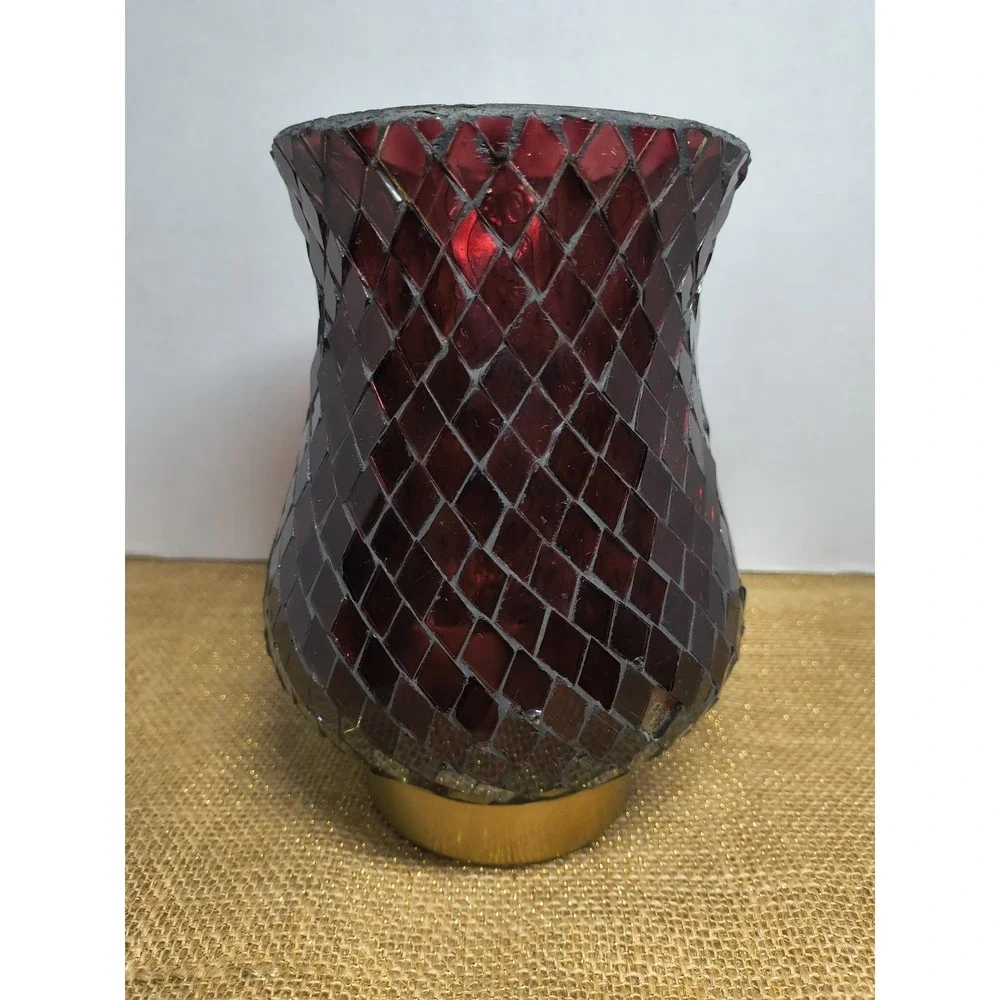 Red Mosaic Stained Glass Hurricane Candle Holder Lamp On Gold Tone Metal Base